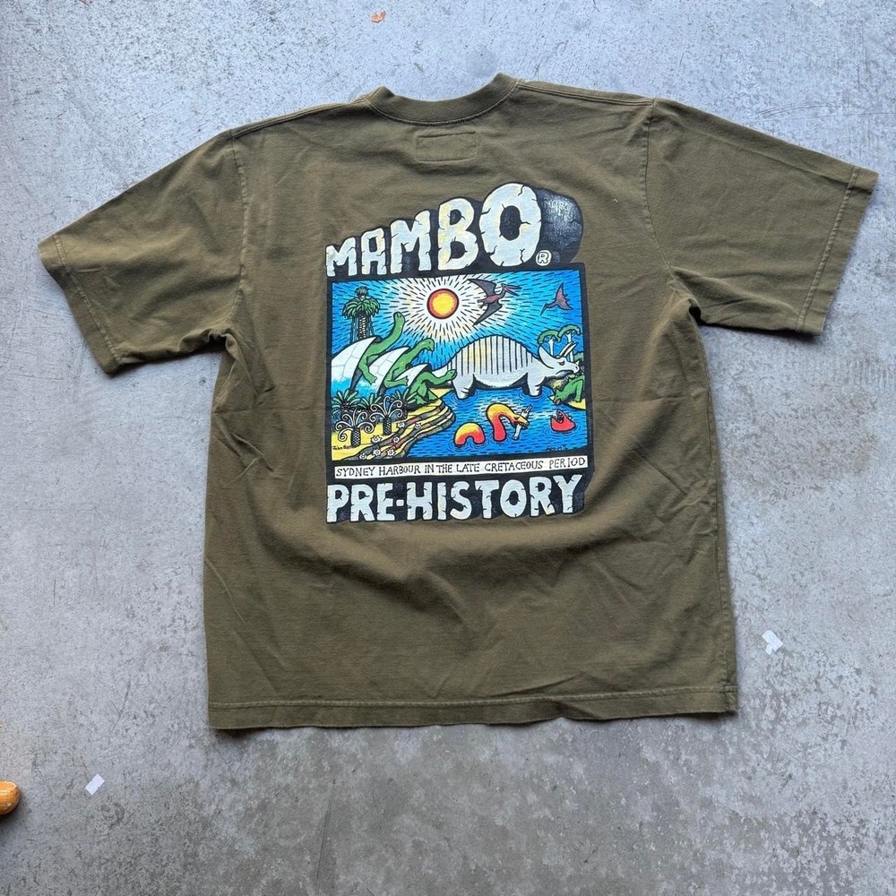 VTG 90s Mambo Pre-History Dinosaurs Art Humor Surf Skate Australia Black Shirt L